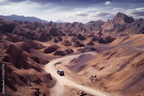 the car is driving on a mountain road in the summer in dry desert regions. the road is like a mountain serpentine. top drone view Generative Ai
