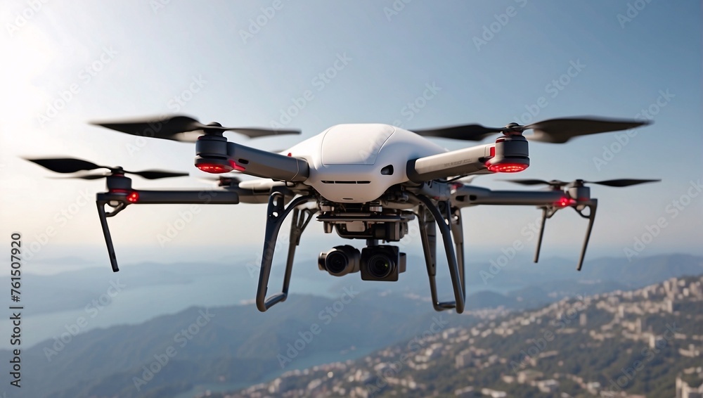 Quadcopter in urban skies. Copters are like agile birds. Drones redefine cityscape monitoring, city traffic, and even search missions. Drone flies over mountains, city, river. He observes urban area Quadcopter in urban skies. Copters are like agile birds. Drones redefine cityscape monitoring, city traffic, and even search missions. Drone flies over mountains, city, river. He observes urban area