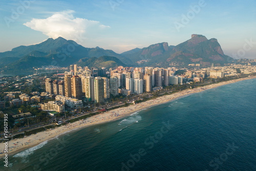 Aerial View of Barra da Tijuca Beach With Condos and Mountains in the Horizon in Rio de Janeiro, Brazil