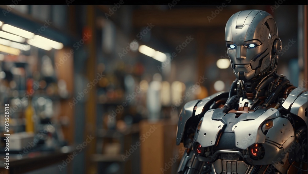 Robot with human-like face in workshop. Humanoid robot of future will be able to replace most difficult human professions. New technologies, technologies of future, development of robotics. Robots