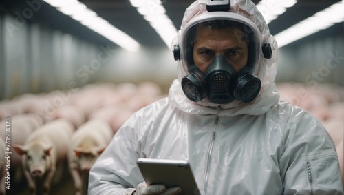 Veterinary doctor in protective suit. Modern male veterinarian in a protective suit is working. Suspicion of swine flu (H1N1), salmonellosis or other diseases that are transmitted from pigs to humans photo