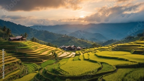 With the sun's descent, rice fields, terraces sculpted by generations, bathed in warm embrace of twilight. Setting sun, rice terraces stand as silent sentinels, capturing the last rays of daylight
