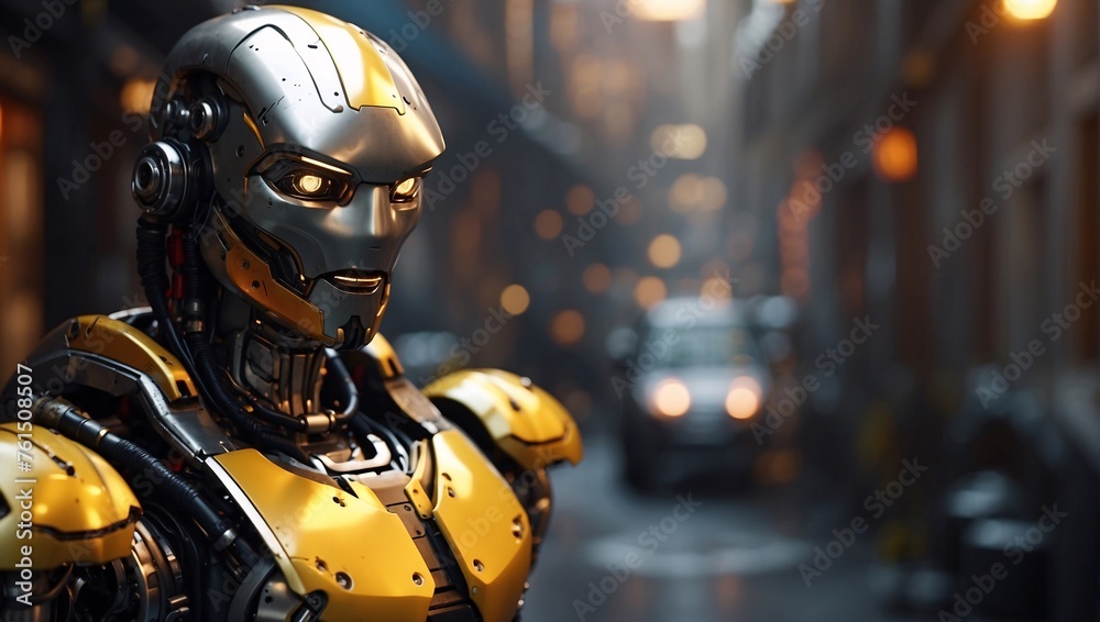 Yellow cyborg robot stands amidst cityscape of Chinatown street, its metallic sheen contrasting with surroundings. It remains enigmatic figure, fusion of human and machine. Symbolizing new urban life - obrazy, fototapety, plakaty 