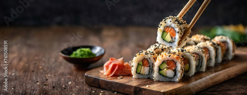 Sushi rolls picked up by chopsticks, ready to eat. Popular Japanese food. Panorama with copy space. photo