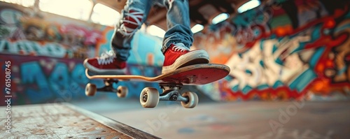 Skateboarder, ripped jeans, performing tricks at a skatepark