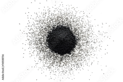 Black powder suspended central focus, isolated against stark white background, particles visible as if in a momentary still, contrasts between the matte texture of the powder and glossy background