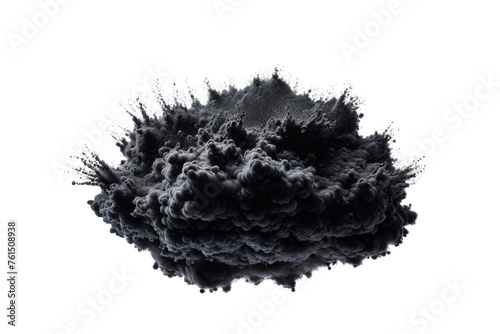Powder floating, dark black, central focus, isolated against a stark white background, resembling a gelatinous cloud with undefined edges, captured in high contrast, macro lens perspective photo