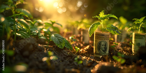  Healthy seedlings thriving in nutrient rich soil environment with abundant growth potential with rolled banknotes lying on the ground with sun rays light in the blurred background   photo