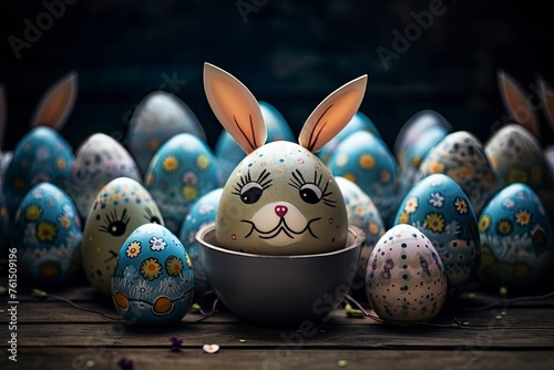 Cute creative photo with easter eggs  some eggs as the Easter Bunny - generative ai