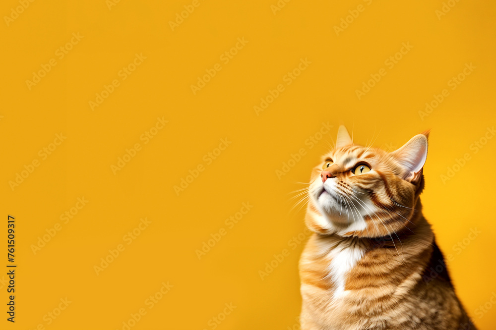 Obraz premium portrait of a funny red cat on a yellow background. Copyspace.