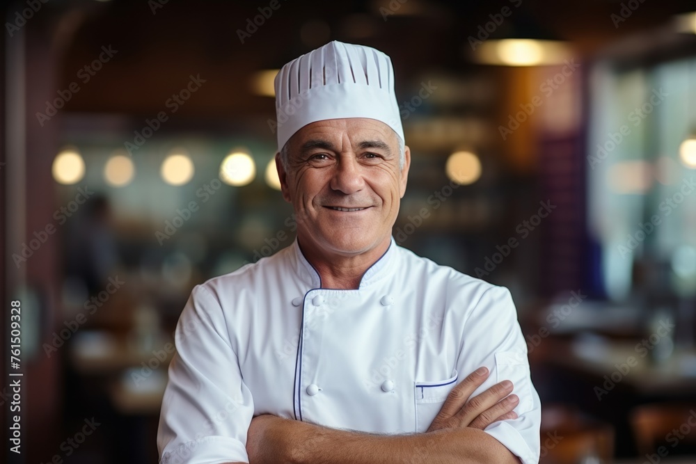 Smiling middle aged caucasian chef in kitchen wearing apron and chef s hat with arms crossed