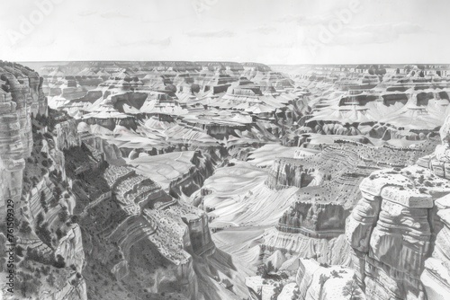 Pencil sketch of a panoramic view of the Grand Canyon at sunset