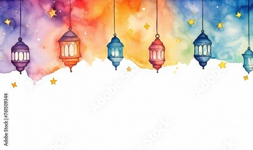 Vibrant watercolor lanterns, perfect for ramadan background 