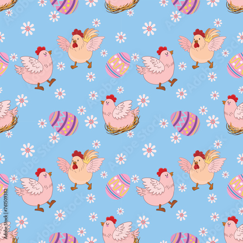 Cute hen and cock with Easter egg and flowers pattern.