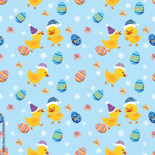Cute yellow duckling with Easter egg and flowers pattern.