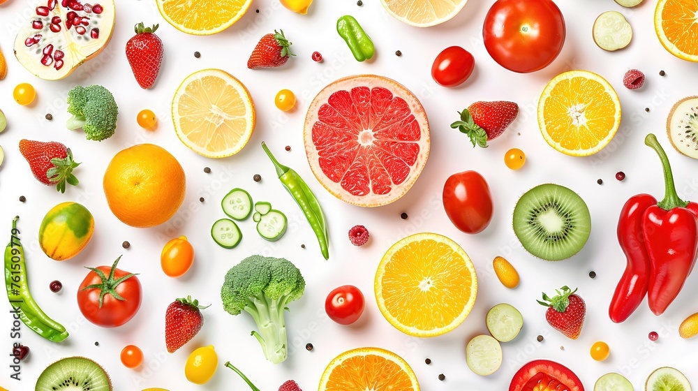 Collection of fruits and vegetables on white background. Fresh color food ,Generative ai, Collection of fruits and vegetables on white background. Fresh color food ,Generative ai,