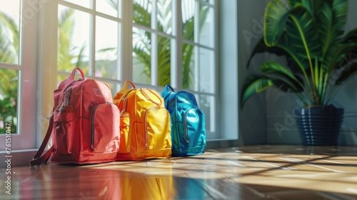 Group of colorful backpacks on the wooden floor near the window, Colourful children schoolbags on wooden floor. Backpacks with school photo
