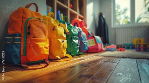 Group of colorful backpacks on the wooden floor near the window, Colourful children schoolbags on wooden floor. Backpacks with school photo