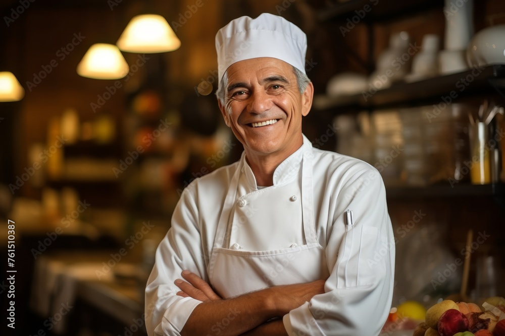 Smiling middle aged male chef in apron and chef s hat standing in restaurant kitchen