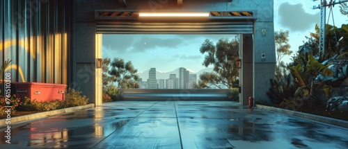 Garage door leading to a futuristic utopia photo