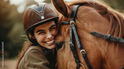 Happy woman wearing helmet embracing horse