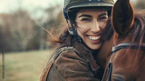 Happy woman wearing helmet embracing horse © chutikan