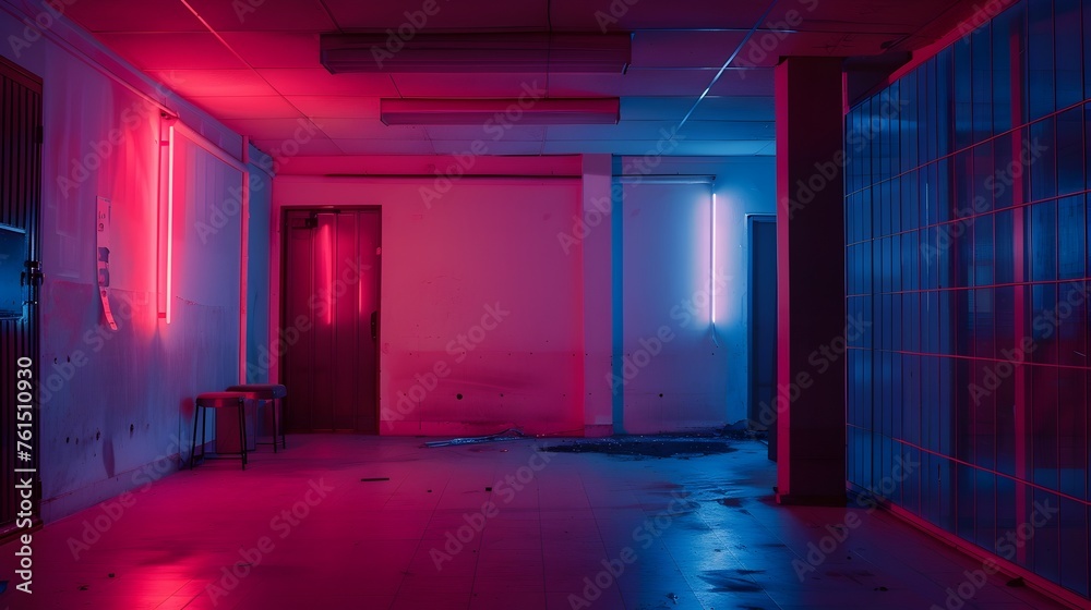 Neon-lit hallway in vibrant blue and red tones - A stark corridor bathed in contrasting neon blue and red lights creating a futuristic atmosphere