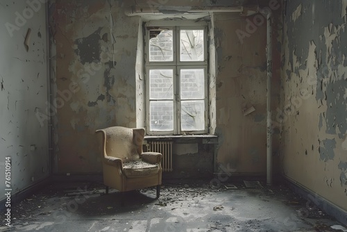 Derelict room with chair by the window and debris - A desolate room with a solitary chair near a worn window, surrounded by peeling paint and debris