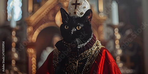 Black cat dressed up as the Pope Church background Cat black dressed as renaissance king 