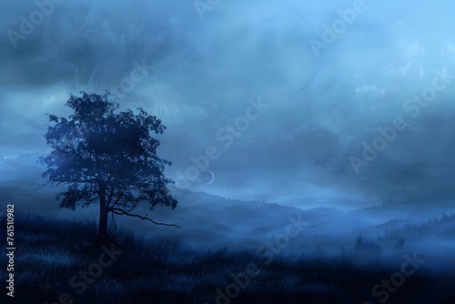 Mystical night landscape with crescent moon - This atmospheric night landscape exhibits a sober tree against a backdrop of mist and a crescent moon