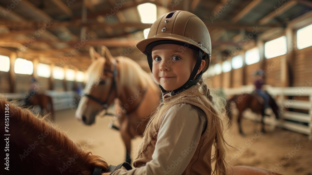Young brown-haired girl practices riding a horse
