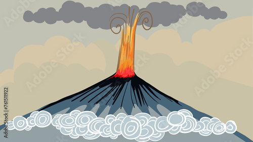 Illustration of a volcano with clouds © abeadev