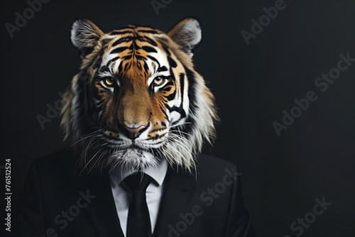 portrait of a tiger in business suit on black background