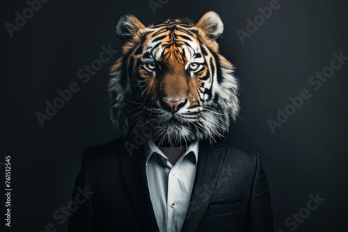 portrait of a tiger in business suit on black background