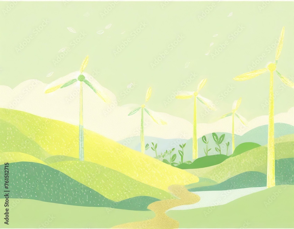 Fototapeta premium Green energy, ecology, the Earth day background with copyspace. Wind turbines in a green landscape pastel illustration. 
