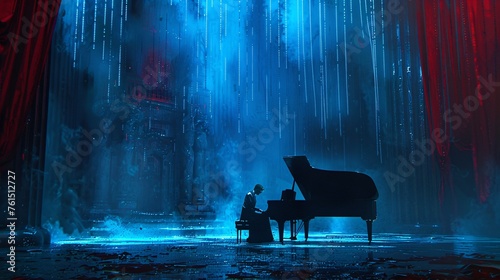 Envision a dramatic setting with rich cinematic colors enveloping the space, highlighted by intricate blue stage lighting and cascading ropes overhead. Amidst it all, a solitary figure sits, singing p photo