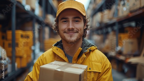 Man in Yellow Jacket Holding Box
