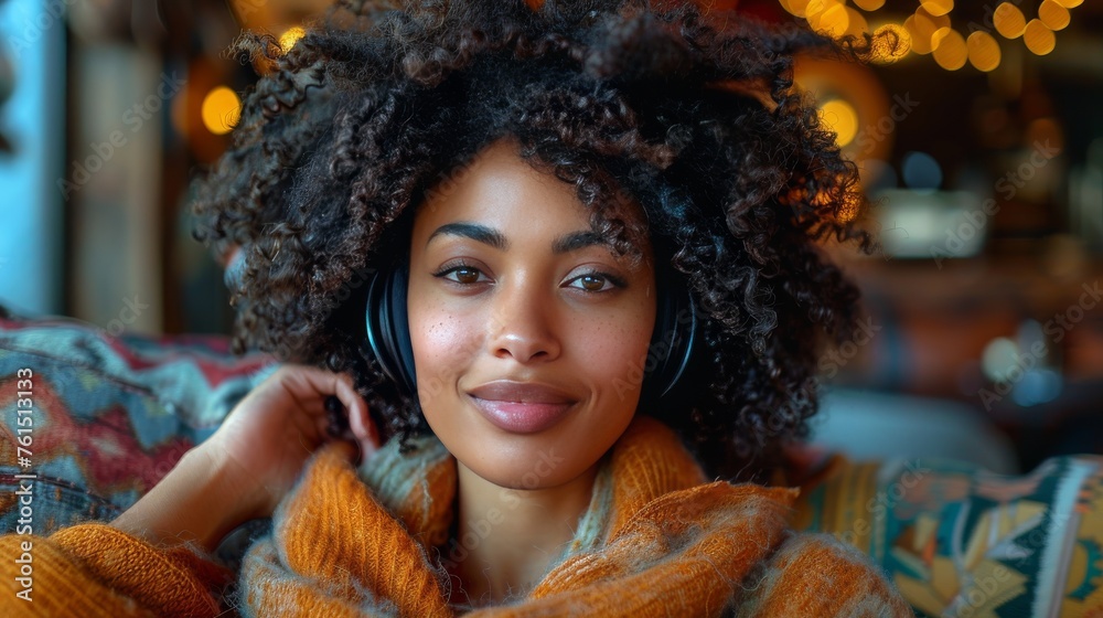 Woman Sitting on Couch Wearing Headphones Woman Sitting on Couch Wearing Headphones