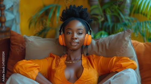 Woman Sitting on Couch Wearing Headphones