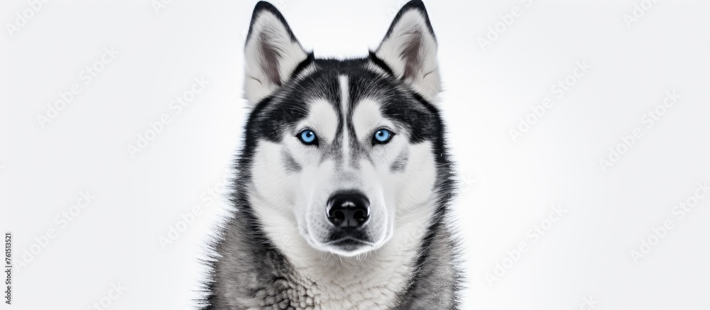 A carnivore dog breed with a strong jaw and blue eyes is depicted in an illustration on a white background. The husky has a fluffy fur, whiskers, and a focused gaze towards the camera