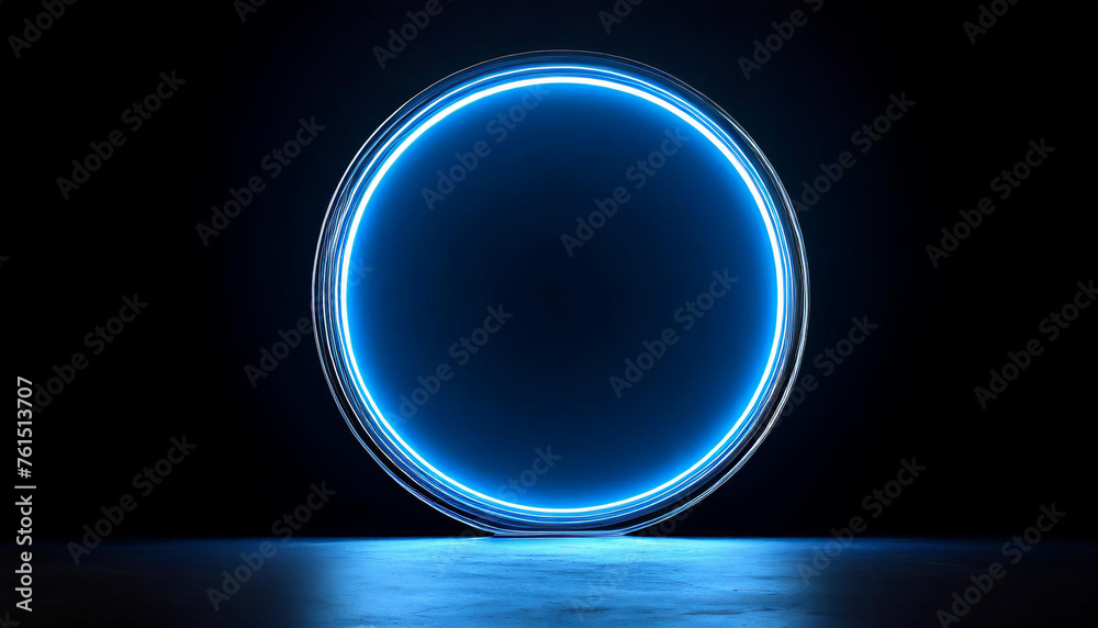 Futuristic neon blue round frame. 3D rendering. Isolated on black background. Abstract design. Futuristic neon blue round frame. 3D rendering. Isolated on black background. Abstract design.