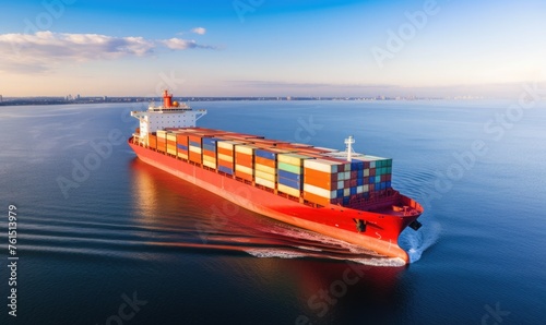 Cargo ship carrying export containers sailing at sea 