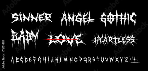 Dark Lettering tattoo vector font type and grunge style Gothic print designs of Sinner, Angel, Gothic, Love, Baby. Y2k Ghotic tattoo font concept for apparel print design. Rock n Roll style lettering photo
