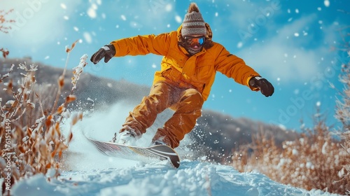 Man Riding Snowboard Down Snow-Covered Slope