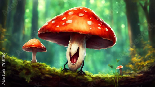Fly agaric in the forest. Fantastic creepy mushroom with open mouth.