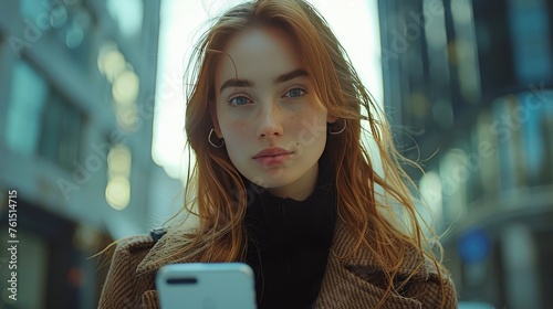 Woman in Yellow Jacket Looking at Cell Phone