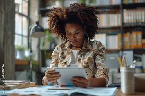 Woman Using Tablet at Desk