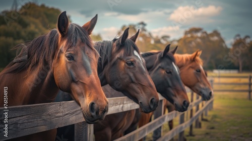 lineup of horses - horses putting their heads together - equestrian group - horses © chutikan