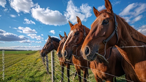 lineup of horses - horses putting their heads together - equestrian group - horses