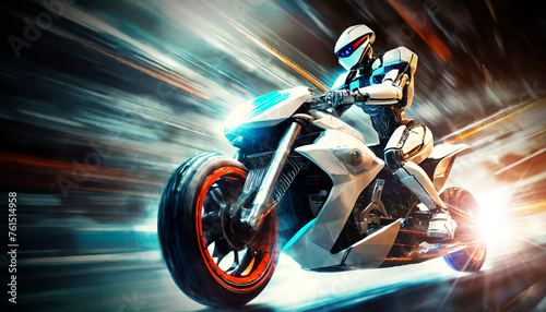 Bottom view and side view of a humanoid robot riding a futuristic high speed motorbike against an abstract image with motion blur. Generative Ai.